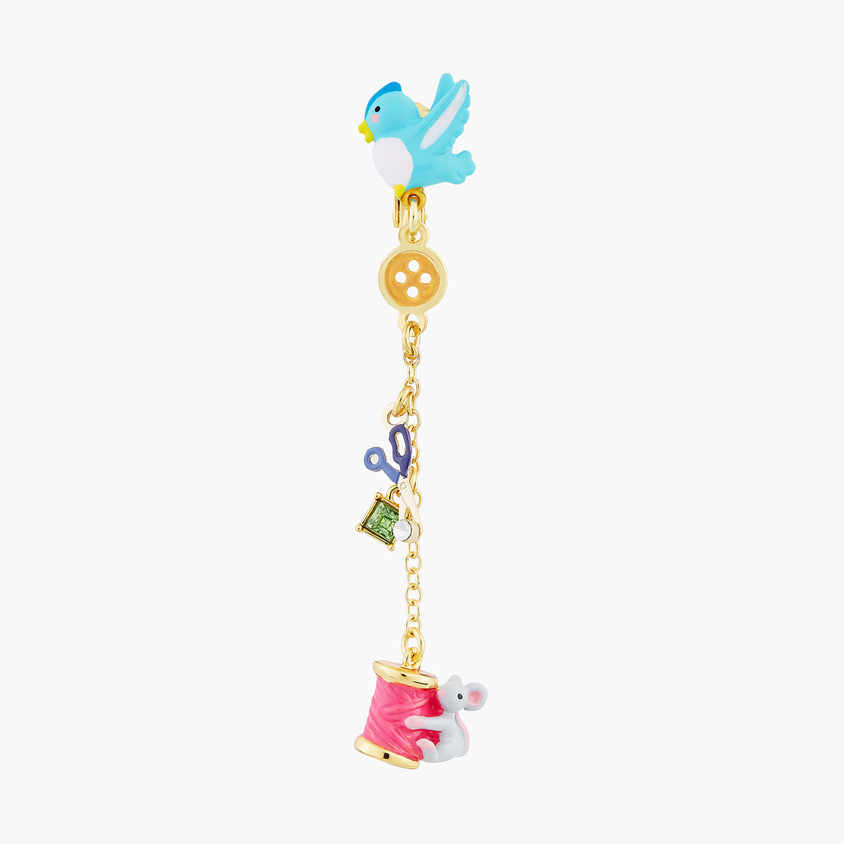 Bird, Mouse, Wool, Scissors, Button, Spool Of Thread And Faceted Crystal Earrings | AOCE1071