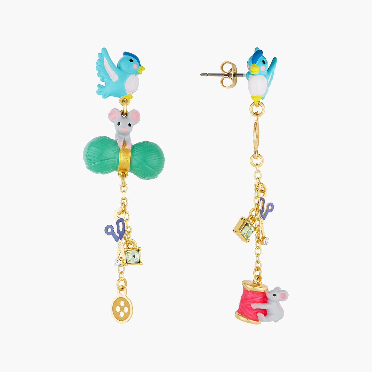 Bird, Mouse, Wool, Scissors, Button, Spool Of Thread And Faceted Crystal Earrings | AOCE1071