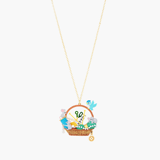 Mouse And Spool Of Thread, Scissors, Bird, Pearls, Measuring Tape, Needles And Wool Long Necklace