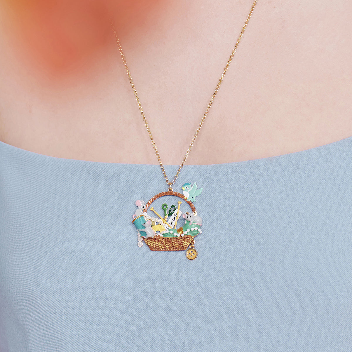 Mouse And Spool Of Thread, Scissors, Bird, Pearls, Measuring Tape, Needles And Wool Long Necklace | AOCE3031