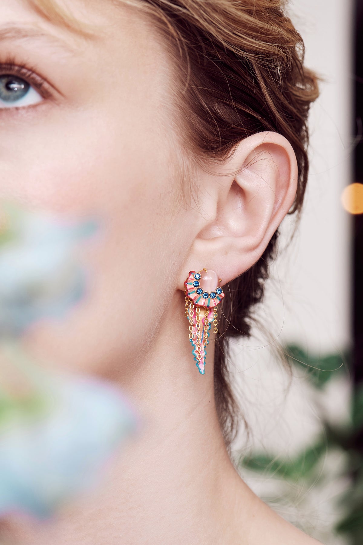 Colourful Jellyfish And Light Blue Faceted Crystals Pendant Post Earrings | AOGL1061