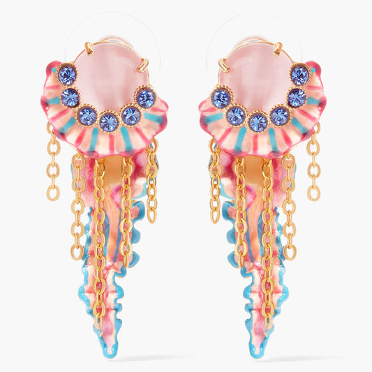 Colourful Jellyfish And Light Blue Faceted Crystals Pendant Post Earrings