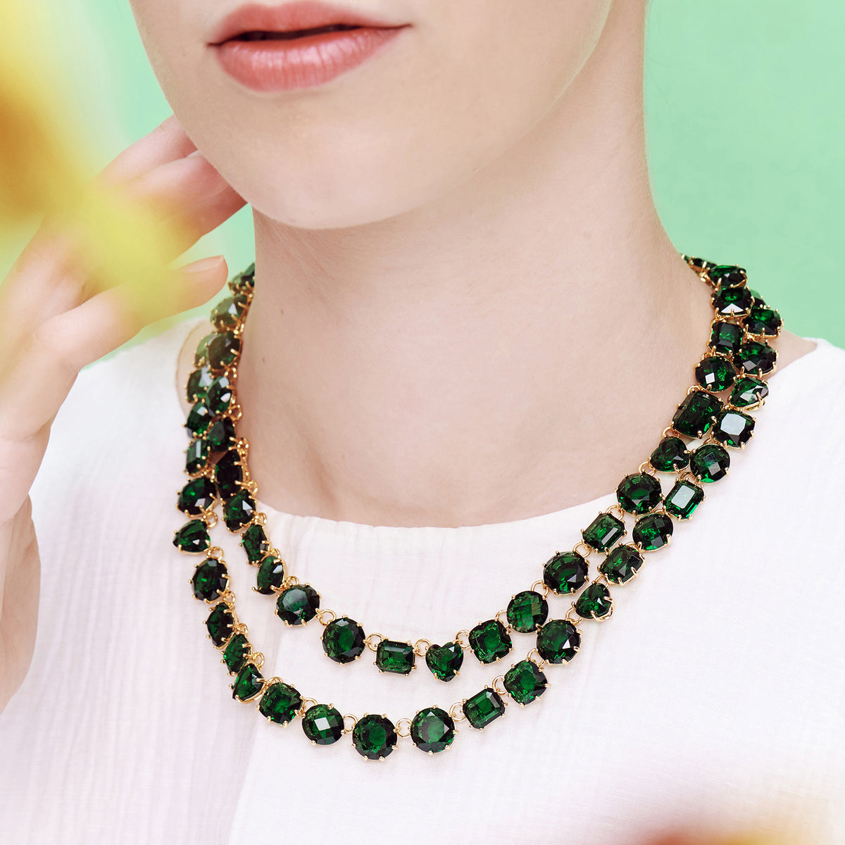 Emerald Green Two Row Diamantine Luxurious Necklace | AOLD3551