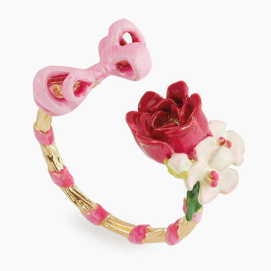 Pink Bow And Flowers Adjustable Ring