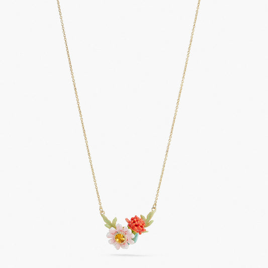 Red Dahlia And Pink Meadow Flower Pendant Necklace