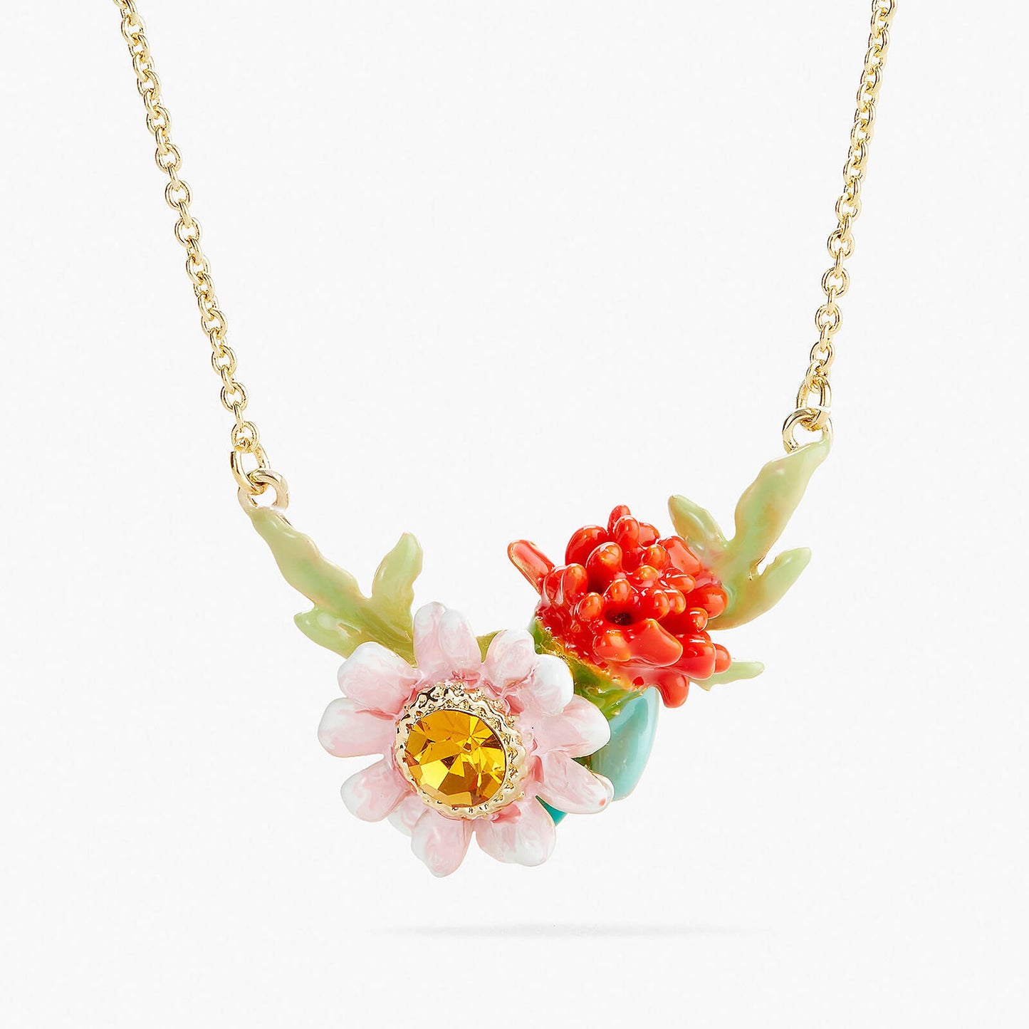 Red Dahlia And Pink Meadow Flower Pendant Necklace | APPP3061