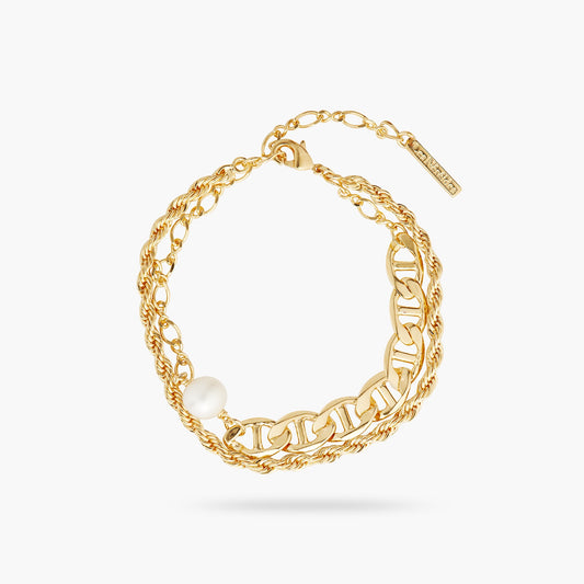 White Pearl, Twisted Chain And Mariner Link Chain Bracelet
