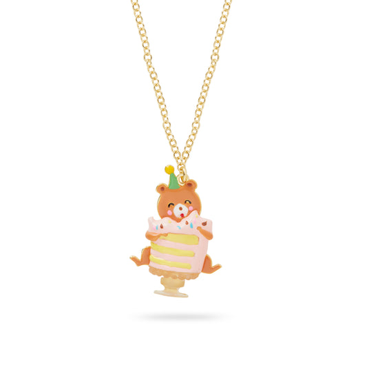 Cuddly Bear And Birthday Cake Pendant Necklace