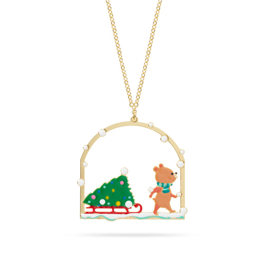 Christmas Tree And Cuddly Bear Pendant Necklace