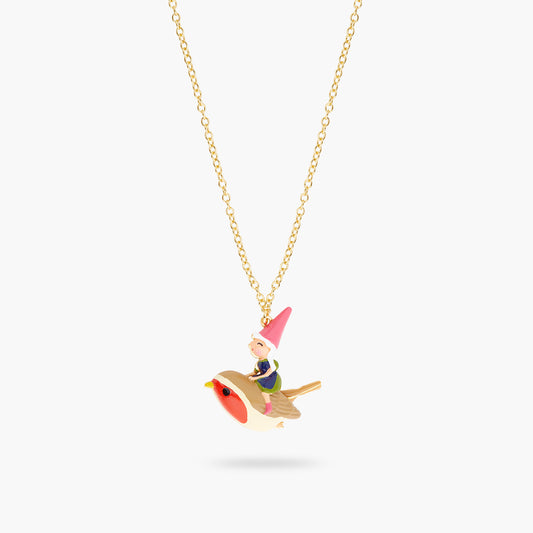 Garden Gnome Lady And Bird Riding Pendant Necklace | ARCP3041
