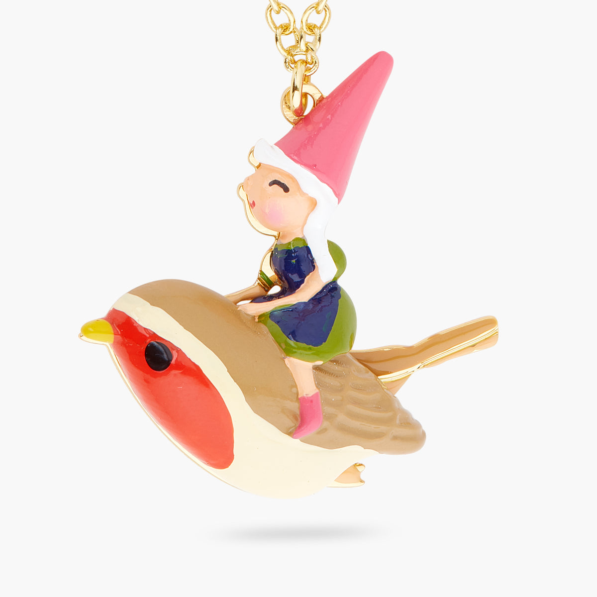 Garden Gnome Lady And Bird Riding Pendant Necklace | ARCP3041