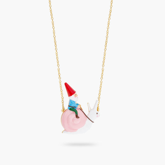 Garden Gnome And Snail Riding Pendant Necklace
