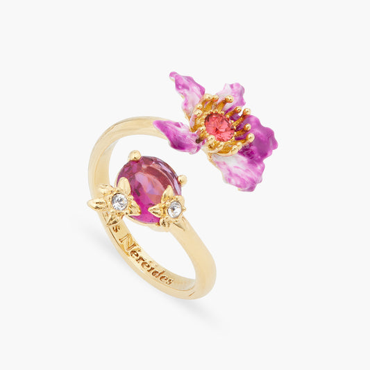 Purple Bauhinia Flower And Faceted Crystal You And Me Adjustable Ring | ARPA6041