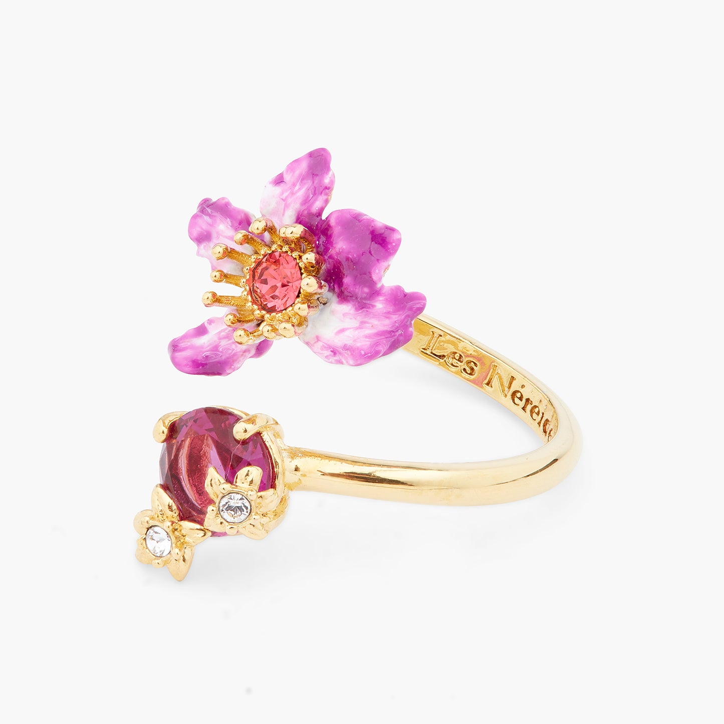 Purple Bauhinia Flower And Faceted Crystal You And Me Adjustable Ring | ARPA6041