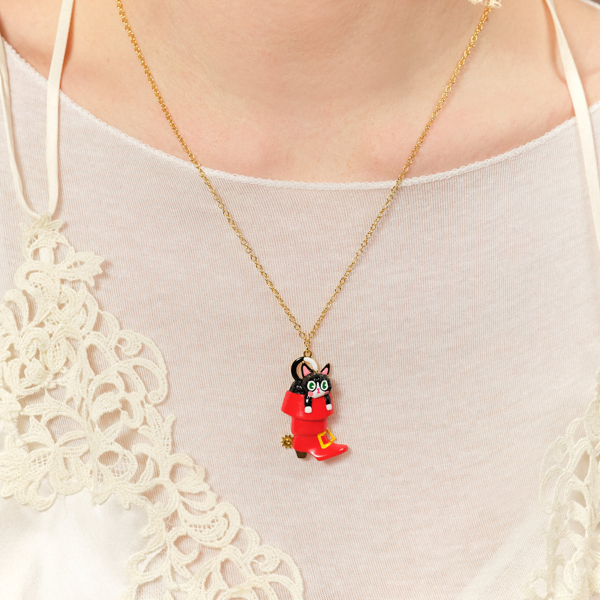 Charming Cat In A Red Boot Pendant Necklace | ASCC3011