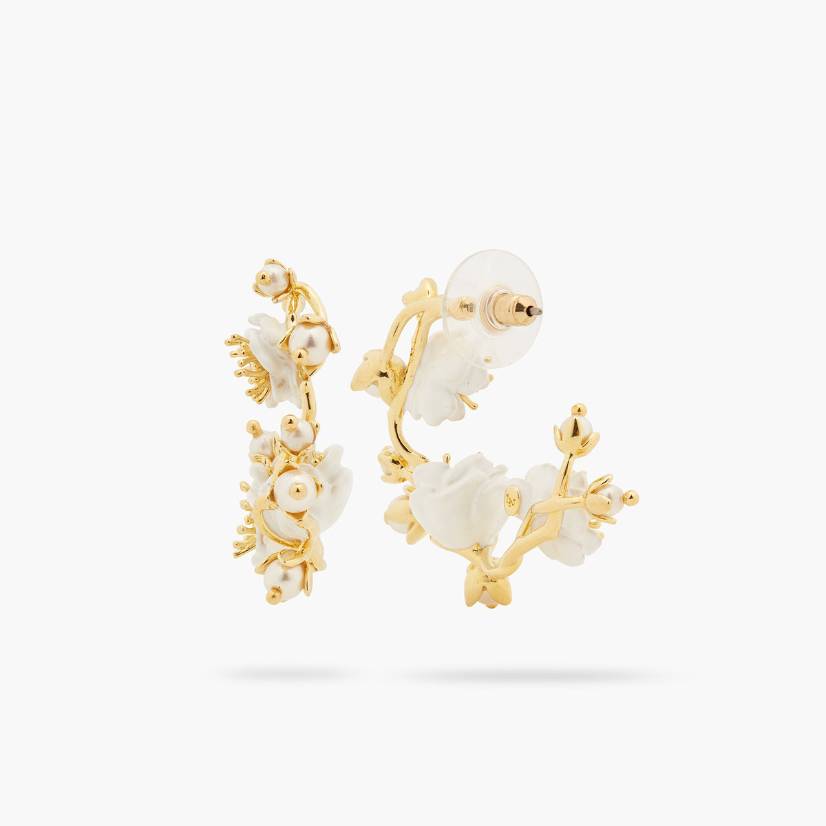 White Rose Branch And Pearls Hoop Earrings | ASET1051
