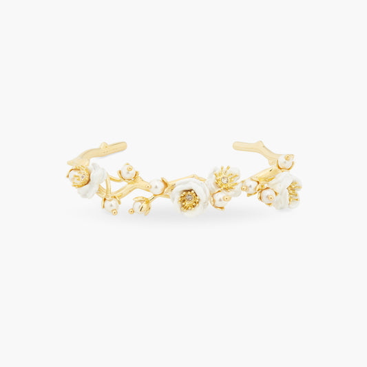 White Rose Branch And Pearls Bangle Bracelet