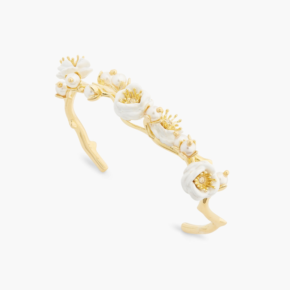 White Rose Branch And Pearls Bangle Bracelet | aset2031
