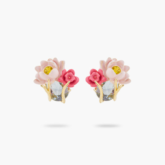 Pink Lotus And Light Blue Stone Earrings
