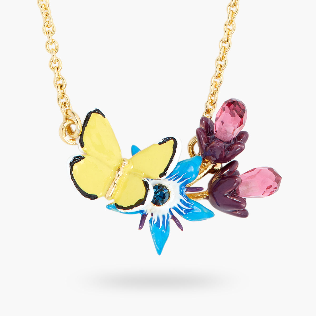 Blue Flower And Yellow Butterfly Pendant Necklace | ASPO3031
