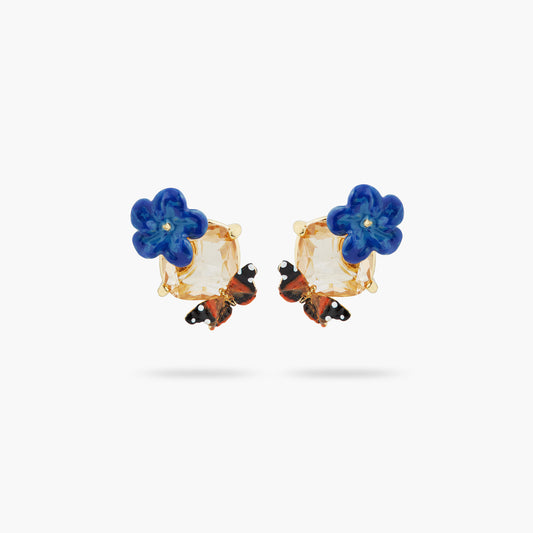 Blue Flax Flower, Faceted Glass And Butterfly Sleeper Earrings | ASTM1011