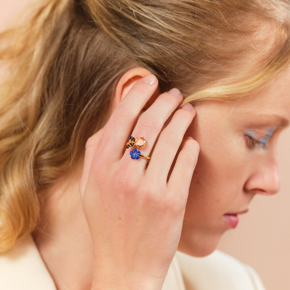 Blue Flax Flower And Butterfly Adjustable Ring | ASTM6011