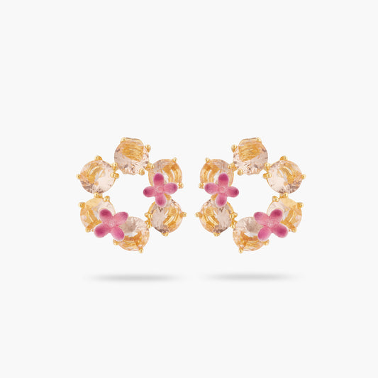 Apricot Pink Diamantine Flower And 6 Round Stone Earrings | ATLD1422