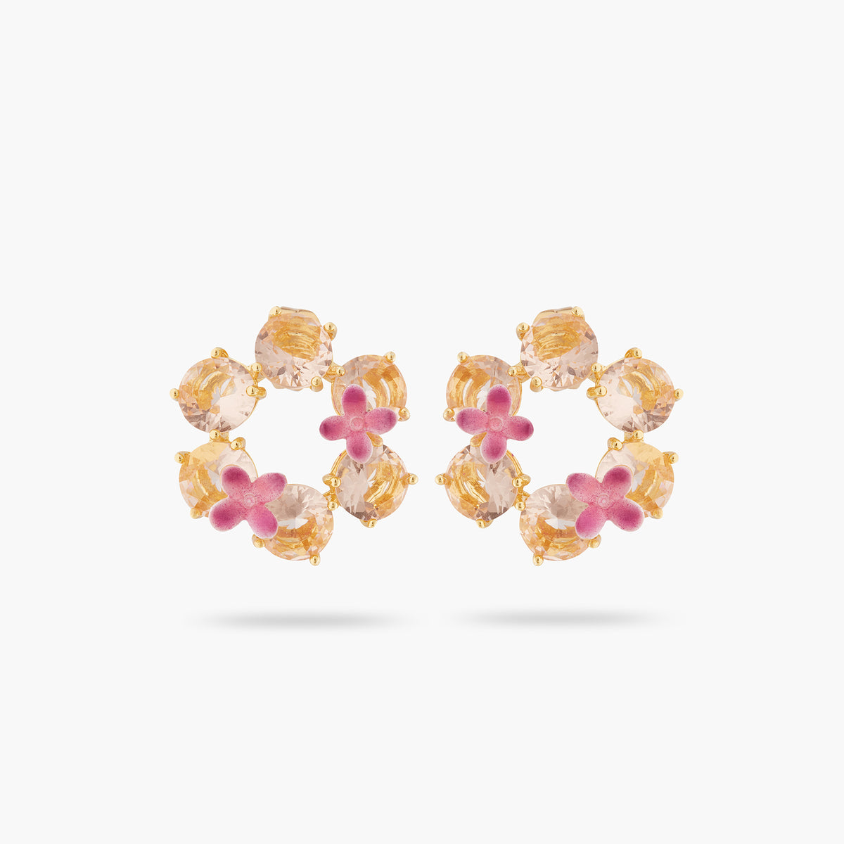 Apricot Pink Diamantine Flower And 6 Round Stone Earrings | atld1422