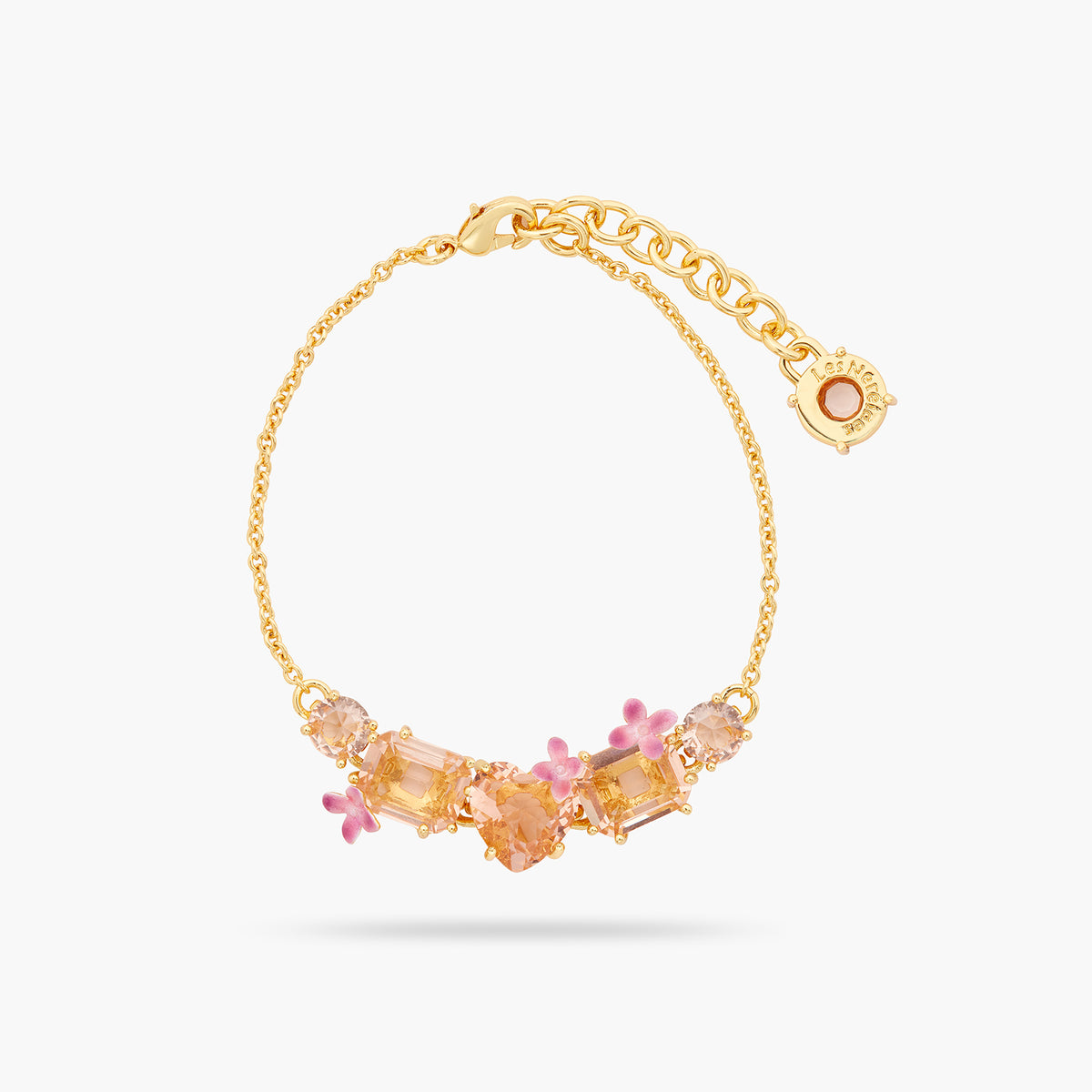 Apricot Pink Diamantine 5 Stone And Flower Fine Bracelet | ATLD2142