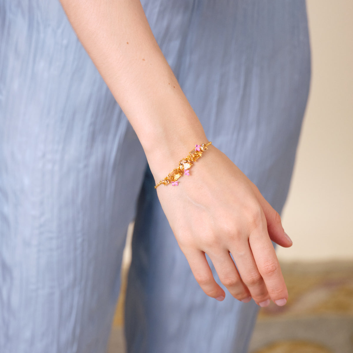Apricot Pink Diamantine 5 Stone And Flower Fine Bracelet | ATLD2142