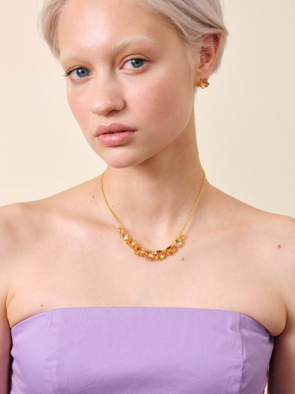 Apricot Pink Diamantine Flower And 9 Stone Fine Necklace | atld3182