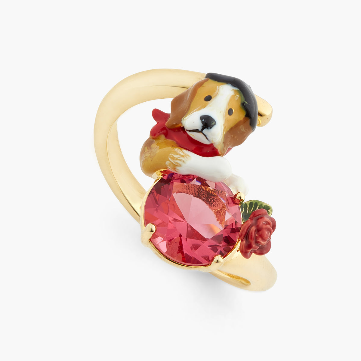Beagle And Pink Cut Crystal Stone Adjustable Ring | atpa6021
