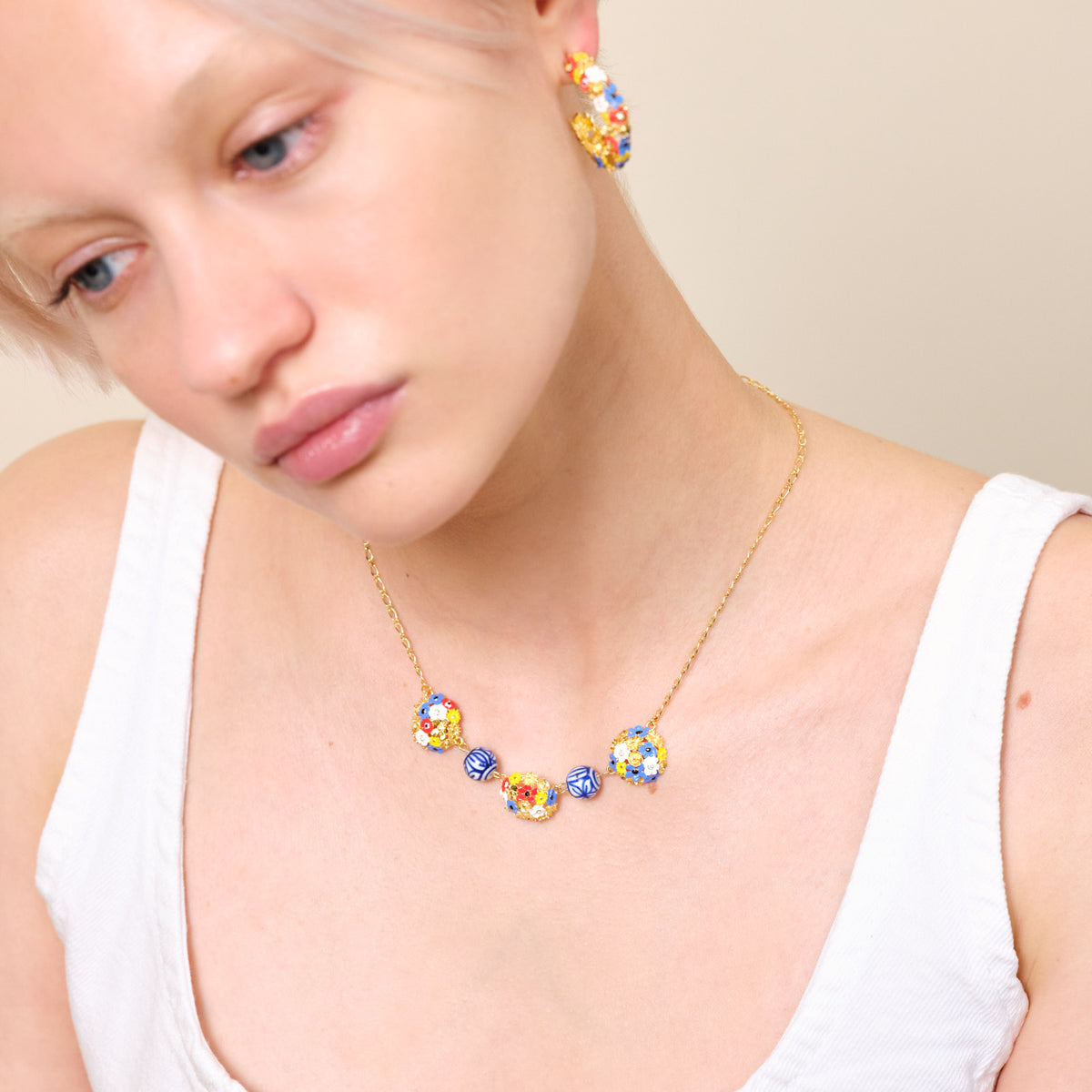 Flower Bouquet And Ceramic Bead Statement Necklace | ATPO3071