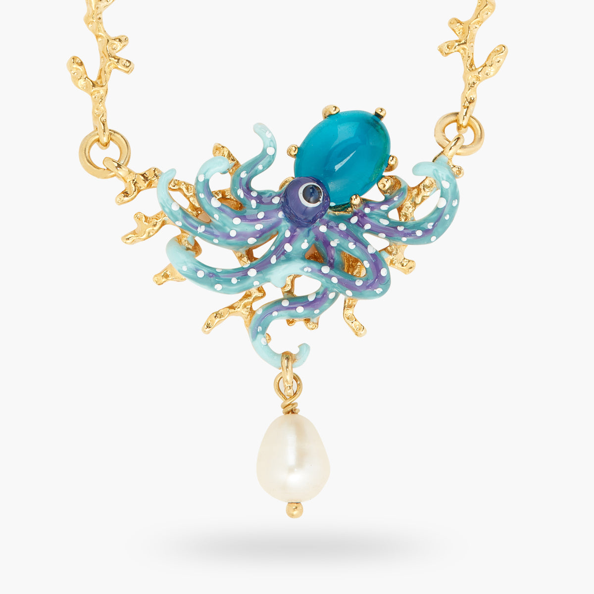Blue Octopus, Blue Cut Crystal Stone And Mother Of Pearl Bead Statement Necklace | atpr3061