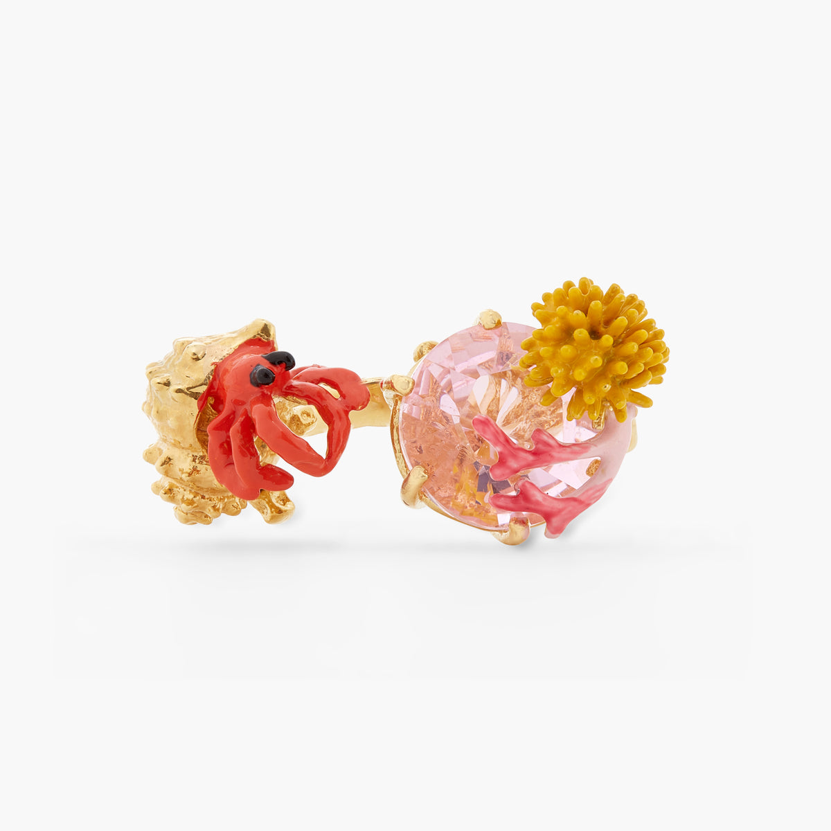 Adjustable Hermit Crab And Light Pink Cut Crystal Stone You And Me Ring | atpr6011