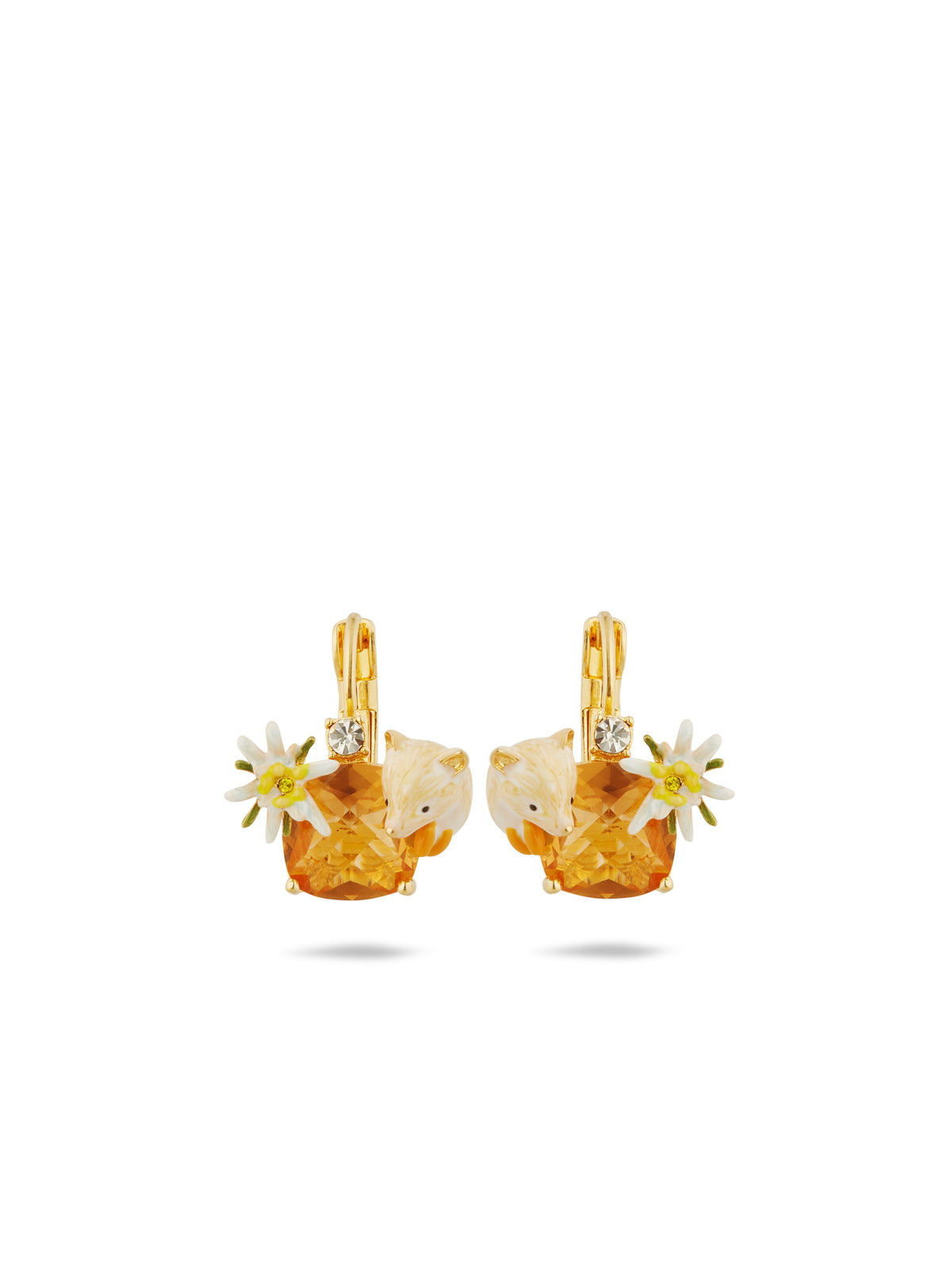 Asymmetrical Edelweiss Flower, Arctic Fox And Faceted Crystal Sleeper Earrings | aula1031
