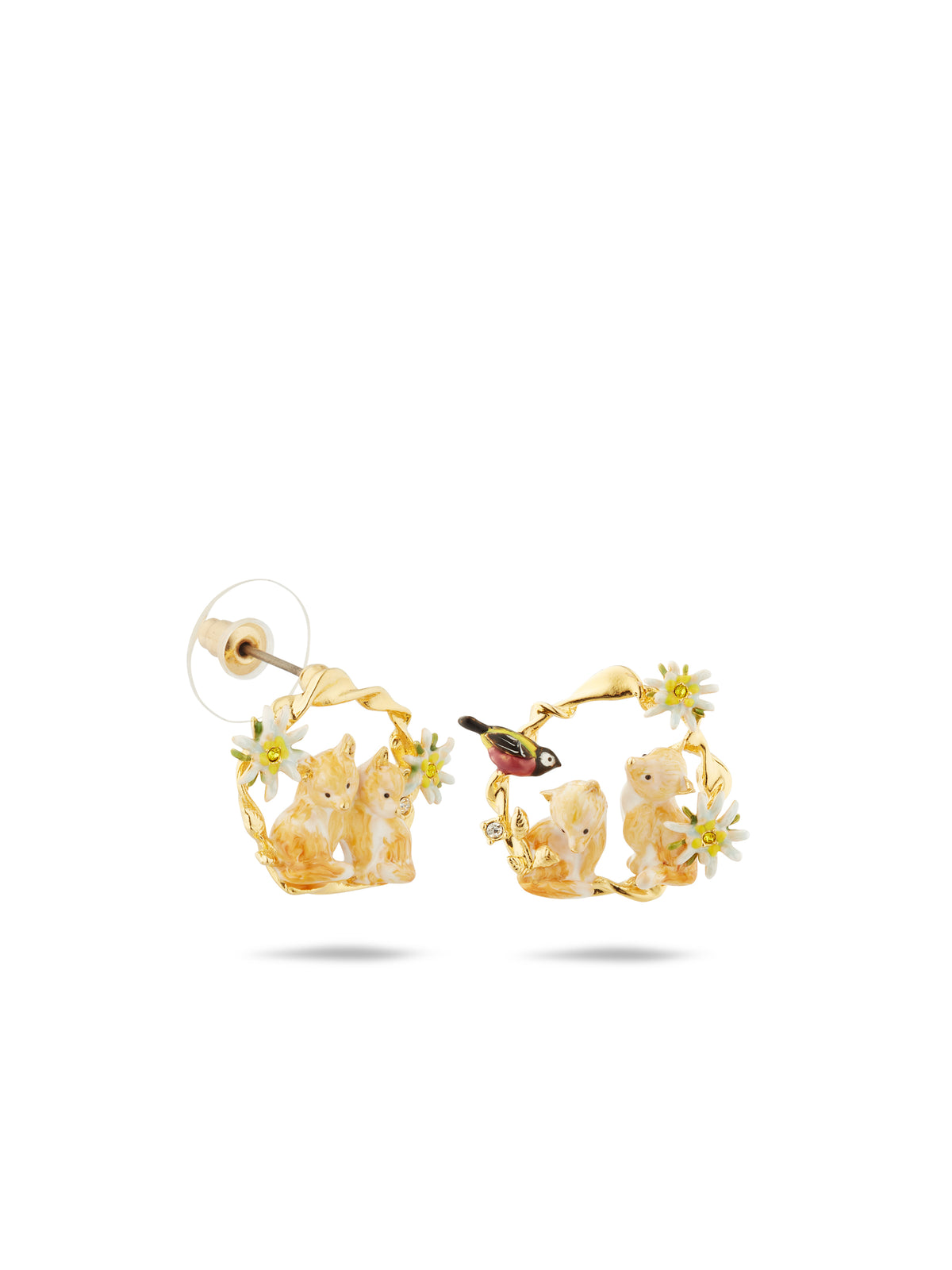 Asymmetrical Edelweiss Flower, Arctic Fox And Varied Tit Hoop Earrings | aula1051