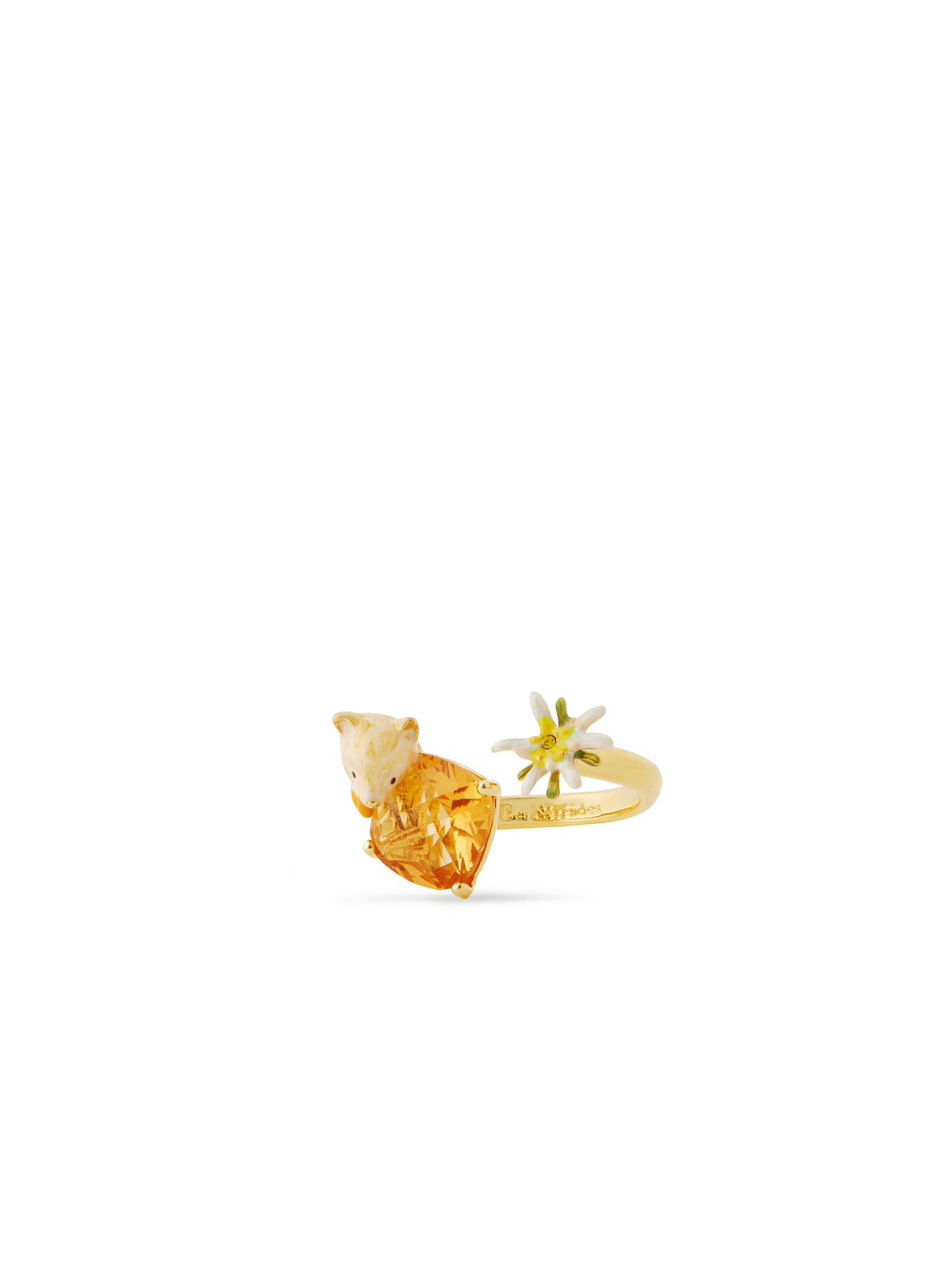 Edelweiss Flower, Arctic Fox And Faceted Crystal Adjustable You And Me Ring | aula6021