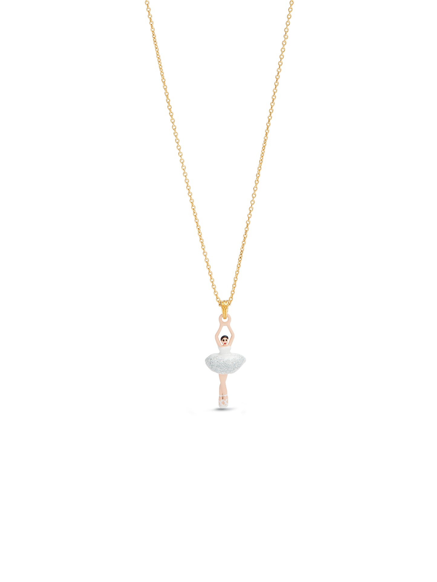 Ballerina Wearing A White Tutu With Silver Glitter Pendant Necklace