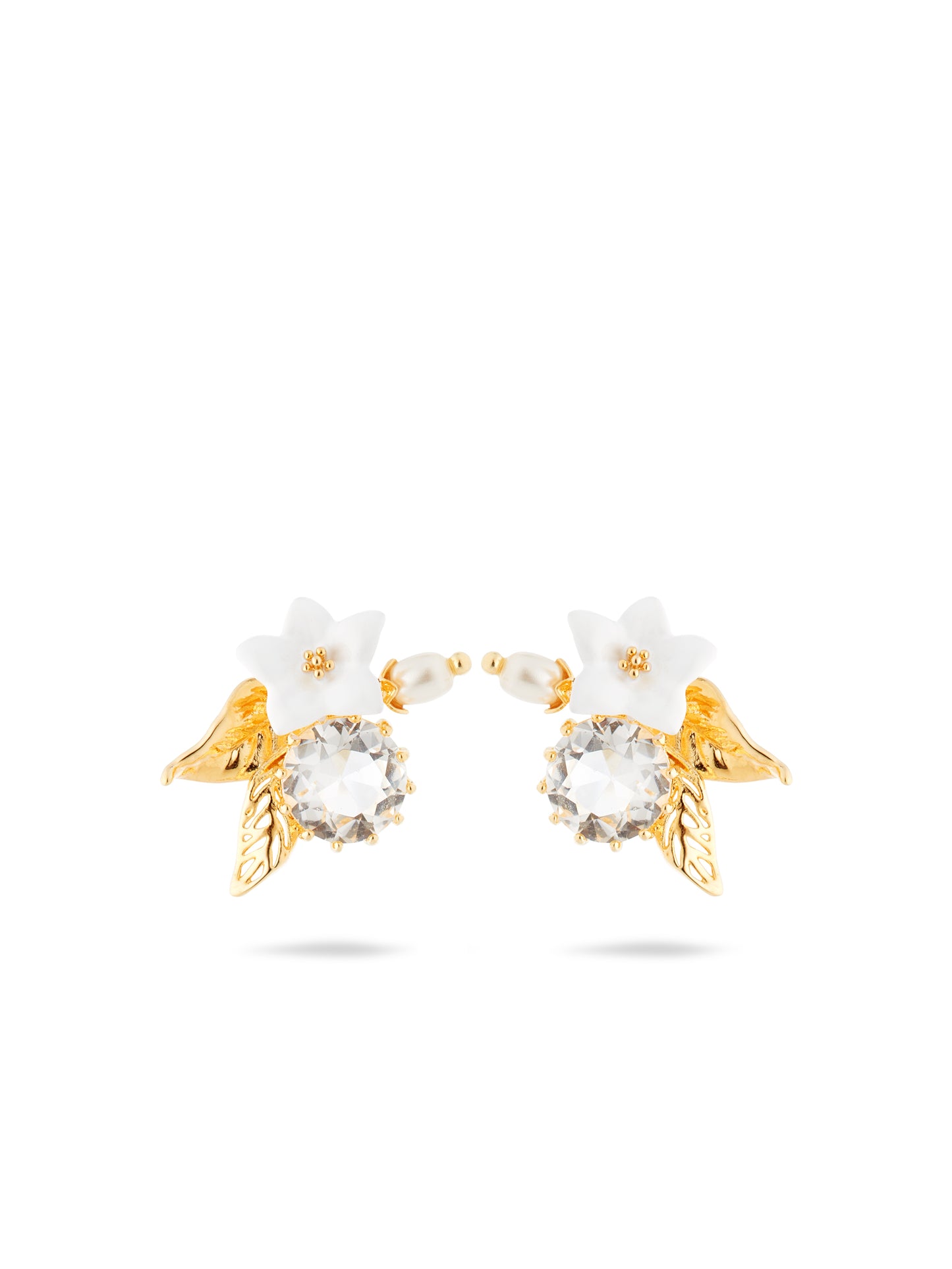 Aume111T/1 White Jasmine, Faceted Crystal And Crystal Pearl Bead Post Earrings