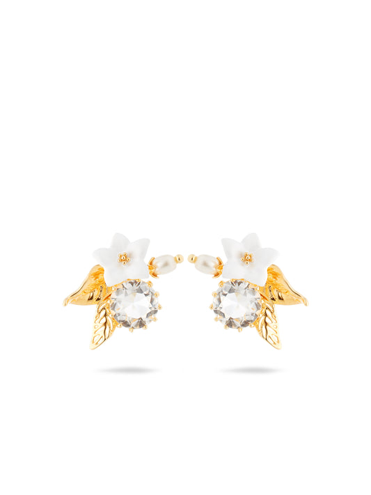 Aume111T/1 White Jasmine, Faceted Crystal And Crystal Pearl Bead Post Earrings