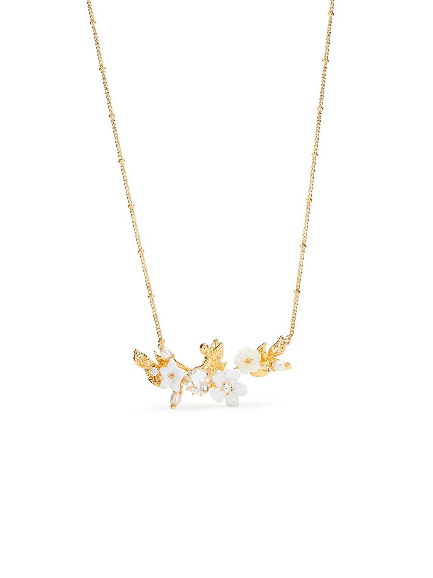 Aume306/1 White Jasmine, Faceted Crystal And Crystal Pearl Bead Statement Necklace