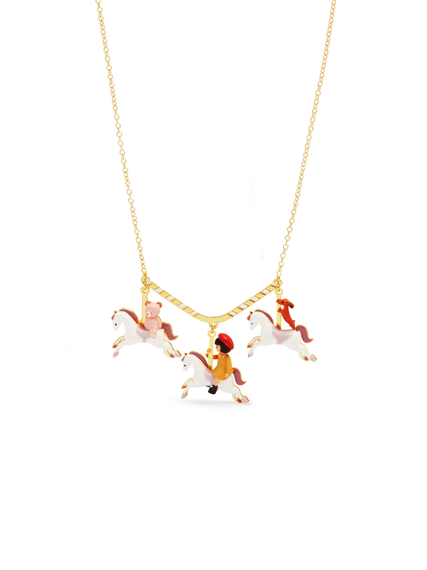 Little Girl, Dachshund And Teddy Bear On A Carousel Statement Necklace | auto3041