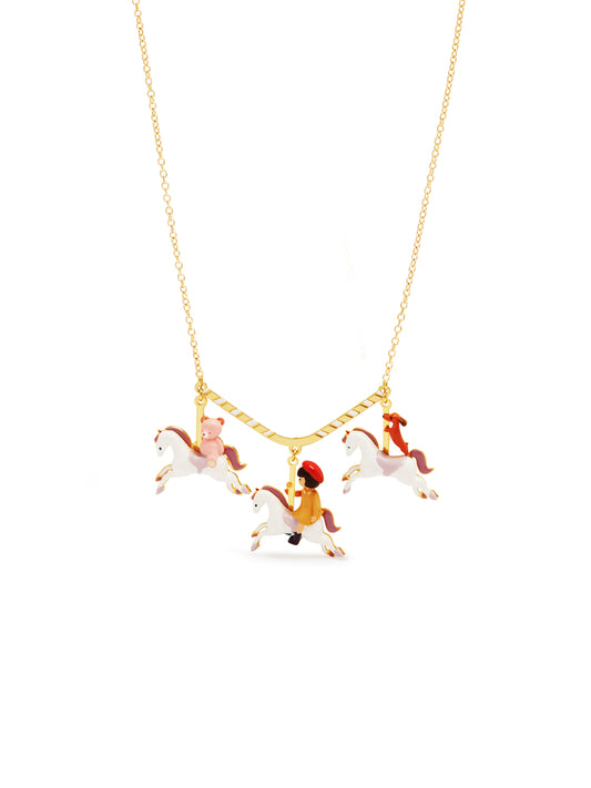 Little Girl, Dachshund And Teddy Bear On A Carousel Statement Necklace | auto3041