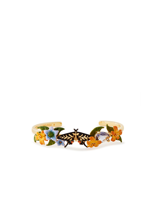 Butterfly, Jasmine Flowers And Faceted Crystal Cuff Bracelet
