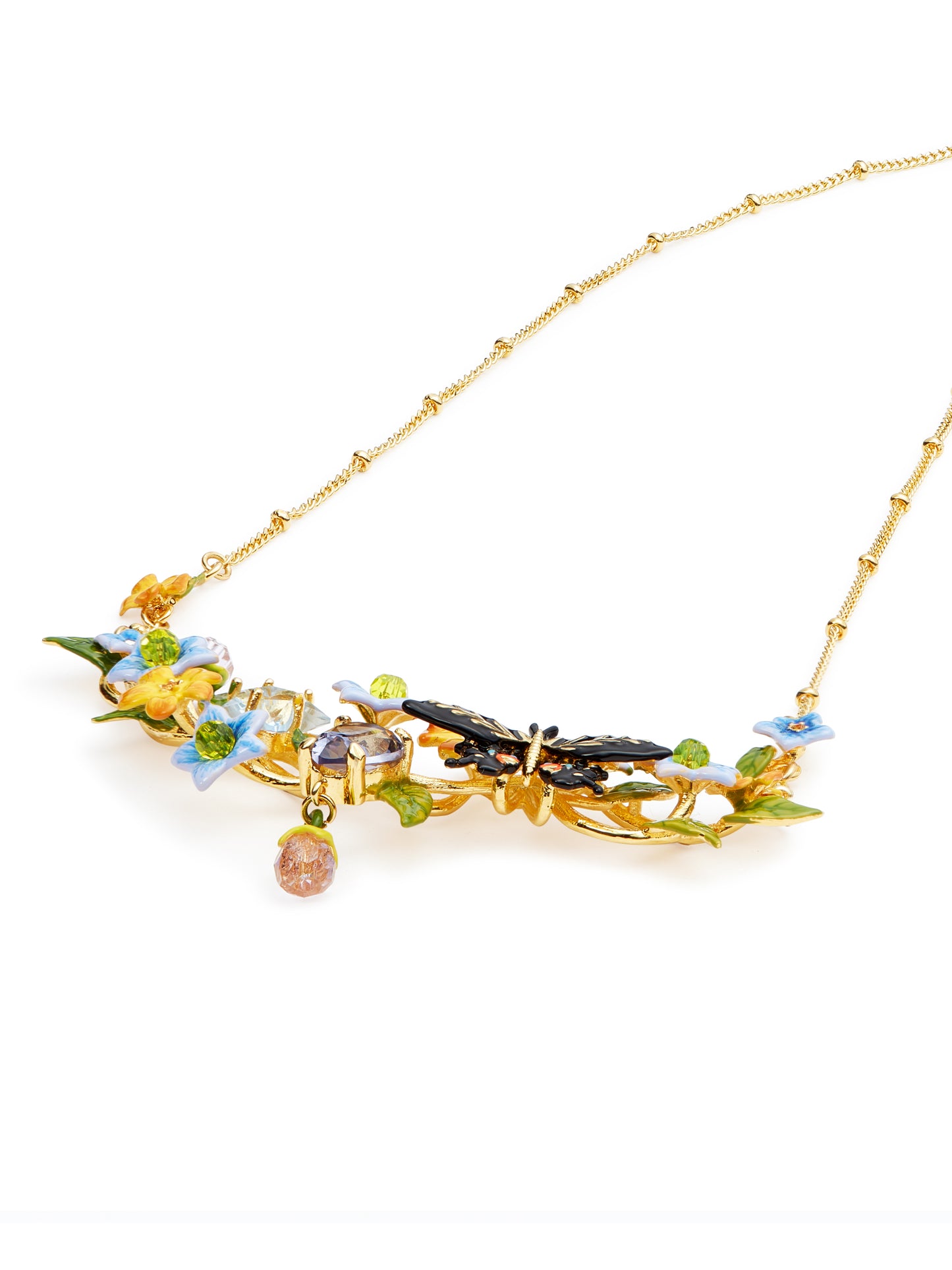 Butterfly, Jasmine Flowers And Faceted Crystal Statement Necklace | autr3011