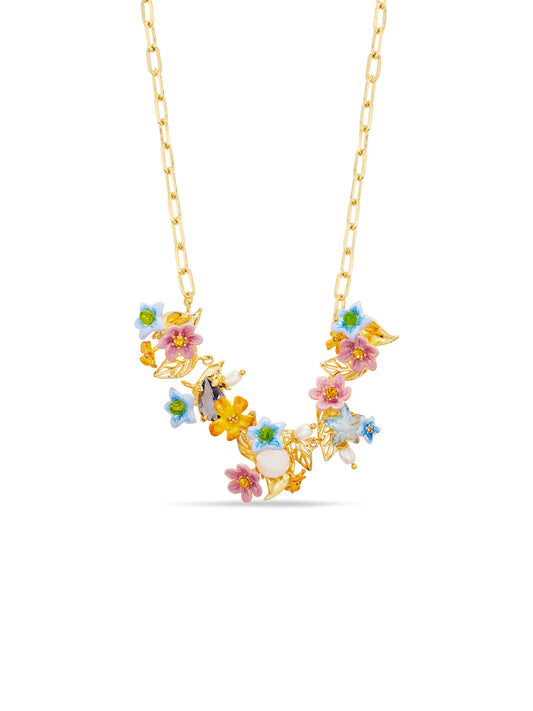 Colourful Jasmine Flower, Faceted Stone And Crystal Pearl Bead Statement Necklace | autr3041