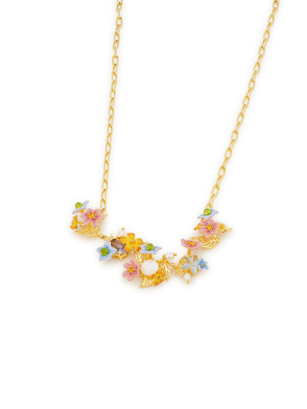 Colourful Jasmine Flower, Faceted Stone And Crystal Pearl Bead Statement Necklace | autr3041
