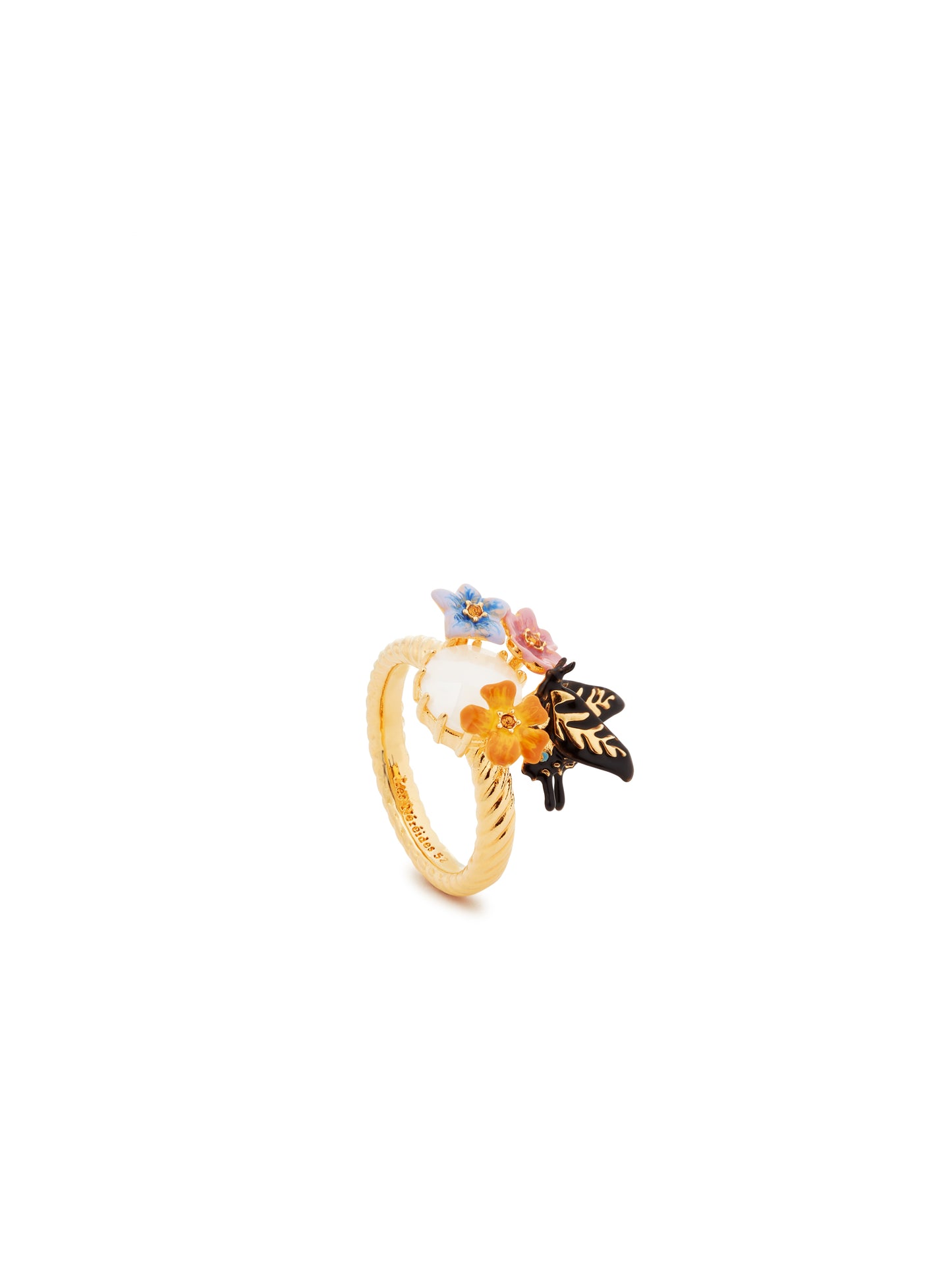 Butterfly, 3 Colourful Jasmine Flowers And Faceted Stone Cocktail Ring | autr6011