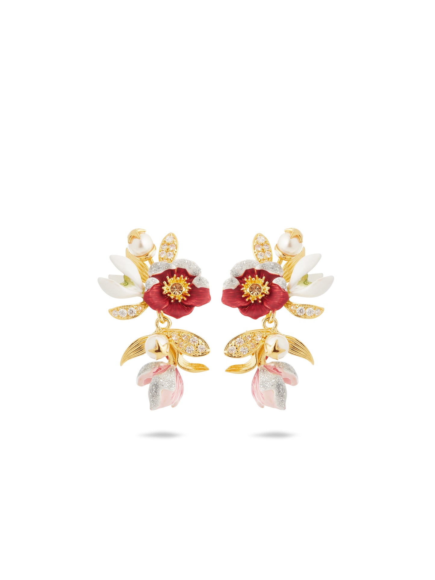 Hellebore Flower, Snowdrops And Crystal Earrings